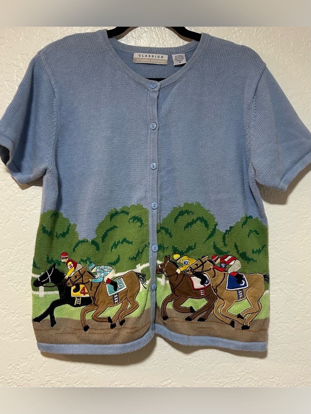 Vintage Marisa Christina Light Blue Short-Sleeve Cardigan with Horse Race Motif